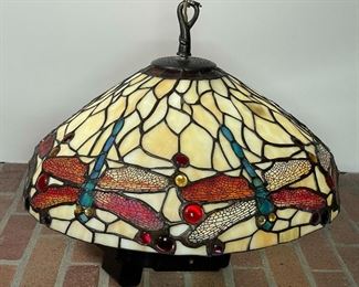 DRAGONFLY STAINED GLASS CHANDELIER | multicolor stained glass and blown glass beads in led, the dragonfly wings with metal overlay; h. 10 x dia 21 in. (shade) 