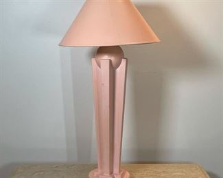 CONTEMPORARY PINK CERAMIC LAMP | formed porcelain painted pink with a matching pink shade; h. 27 x dia. 14 in., small nick to base at back 