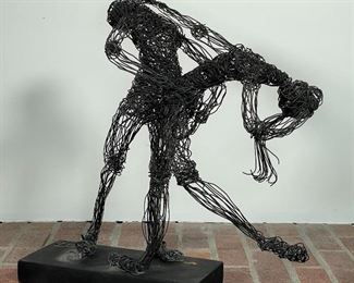CONTEMPORARY WIREWORK SCULPTURE | dancers, on a black painted wooden base signed "AC" in wire; one foot loose needs to be re-attached 