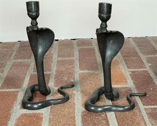 PAIR MIXED-METAL SERPENT CANDLEHOLDERS | designed as intricately decorated cobras; h. 9-1/4 in. 