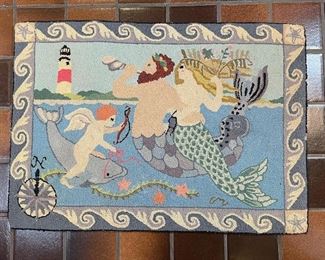 NAUTICAL MYTHICAL HOOKED RUG | "Claire & Murray" depicting a merman and mermaid/merwoman with arms intertwined beside a cherub riding a dolphin; 32-1/2 x 46 in. 