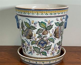 PORTUGUESE MAJOLICA PLANTER | decorated with vines and flowers, signed on bottom; h. 13 x dia. 12 in. 