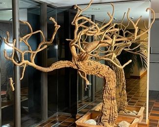 MONUMENTAL WIRE & TWINE TREE | in a wood box base with rock weights; 82 x 75 x 60 in. (approx overall); 36 x 30 in (the box) 