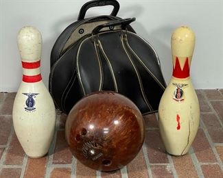 (3pc) BOWLING ITEMS | including a "Bonanza 300" bowling ball with name "ELLIE" and two bowling pins, one cracked 