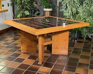 CUSTOM TILE & OAK TABLE | set with metallic finished tiles in a solid light oak frame; h. 29 x 52 x 52 in.
