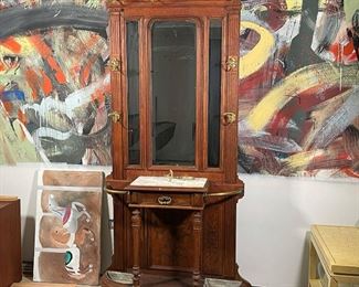 ANTIQUE OAK HALL TREE | of great small size; h. 79 x 42 x 12 in.; one hook separated and marble with crack 