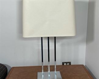 CHROME LAMP | three-square rods supporting two lights, conforming shade; 31 x 18 x 11 in. 