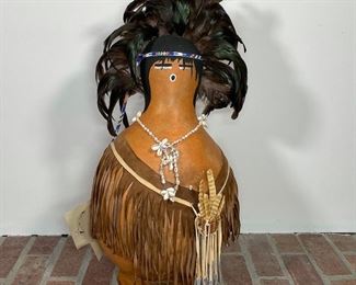SONIA PATTERSON GOURD ART | painted gourd with leather garb, Tuscon AZ; h. 22 in. 