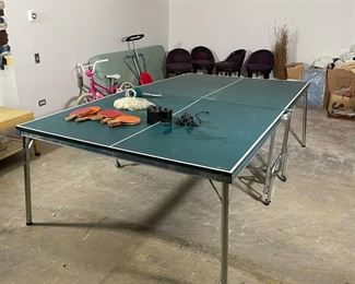 ALUMINUM FRAME PING PONG TABLE | foldaway design, with balls, paddles, etc; l. 108 in. 