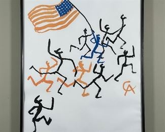 ALEXANDER CALDER (1898-1976) LITHO | figures with an american flag; h. 32 x 25 in., framed