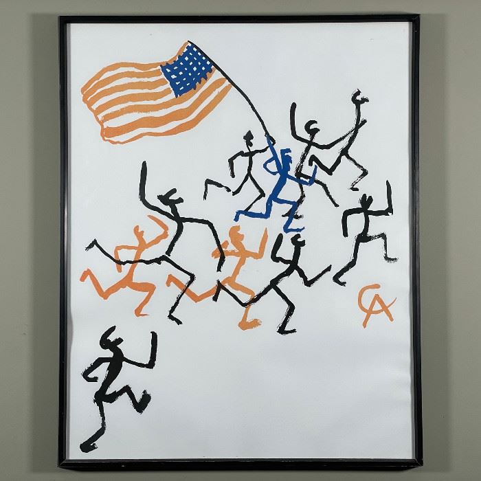 ALEXANDER CALDER (1898-1976) LITHO | figures with an american flag; h. 32 x 25 in., framed 
