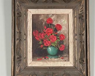 DESMOND STILL LIFE | red flowers in a green vase, oil on canvas on board; 18 x 16 in., framed