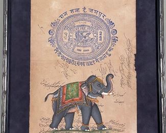 INDIAN ILLUSTRATED PAGE | a colorfully decorated elephant illustrated on an antique Jaipur Court Fee Stamp page alone with various writings in pencil; 13-1/2 x 9 in. (sheet), 18 x 14 in.