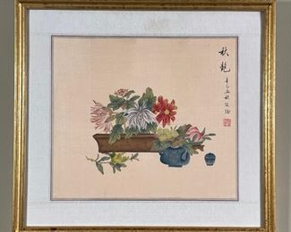 CHINESE PAINTING ON SILK | plants and a teapot; 17 x 18-1/2 in