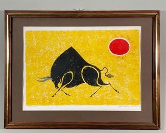 De CARLO LITHOGRAPH | bull running below a red sun; h. 19 x 25 in., framed