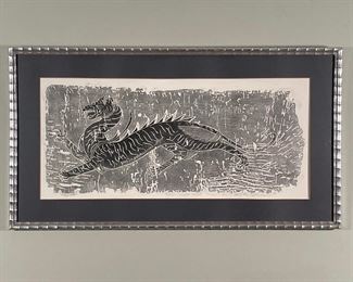 SINOUS DRAGON WOODBLOCK PRINT | no apparent signature; h. 16 x 29 in., framed
