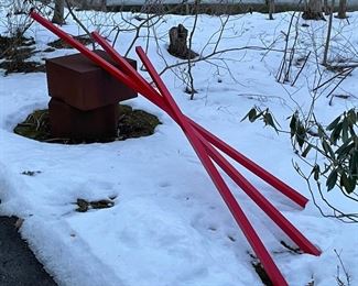 TOM HOLMES (Pennsylvania, 20th Century) | contemporary art sculpture with red painted steel square beams resting on steel cubes (oxidized); ; comissioned by the owner most likely during the Black Bear Film Festival, Milford, PA.; beams 16 ft; stacked cubes h. 22 x 36 x 36 (each cube)