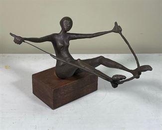 BRONZE FEMALE FIGURE | 14 x 17 x 16 in. (bronze); no apparent signature, mounted with a screw to a wooden base, base has stripped out and will need a new attachment point