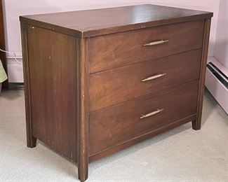 MID CENTURY THREE DRAWER CHEST | interor with "MODERNAGE" label; nice small size, each drawer with wood and brass handle pulls; h. 26 x 34 x 18 in.