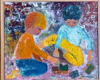VERNOIS OIL PAINTING | children playing with a toy train; 28 x 32 in., framed