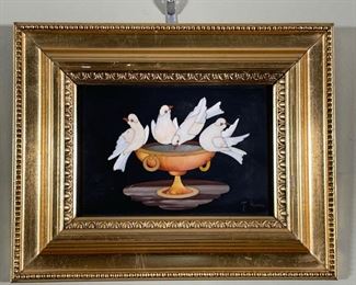 BIRDS BATHING MOSAIC | Italian, signed "F. Rouai" showing four doves in a birdbath; 8 x 10 in, framed