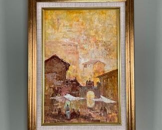 ANTONIO VASQUEZ PARRA (Mexican, 1927-1984) | Mexican market scene below a vibrant colored sky, signed lower left; 14 x 11 in., framed