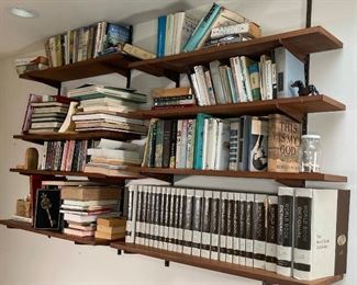 PAIR WALNUT BOARD SHELVING UNITS | rack height 47 in., largest shelf 36 x 10 in., no apparent maker