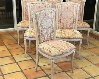 (6pc) CARVED PAINTED SIDE CHAIRS | upholstered in a purple scrollwork fabric; h. 41 x 21 x 21 in.