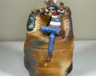 RODO PADILLA (Mexican, 20th Century) | Ceramic figure on vase, thrown with various glazes; h. 14 x 11 x 9 in.