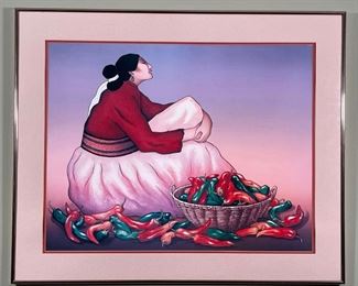 R.C.GORMAN PRINT | "Chile Peppers" showing a woman with a basket of colorful peppers; 28 x 34 in.