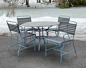 BLUE & GRAY PATIO FURNITURE | blue powdercoated aluminum frames with gray banded seats and backs, including a table with round fiberglass top (h. 28 x dia. 42 in.) and four armchairs (h. 34 x 21 x 22 in.); excellent condition!