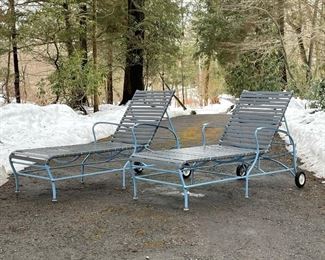 BLUE & GRAY PATIO CHAISE LOUNGES | blue powdercoated aluminum frames with gray banded seats and backs,, seatbacks with four positions; h. 37 x 25 x 64 (with backrest at tallest setting)