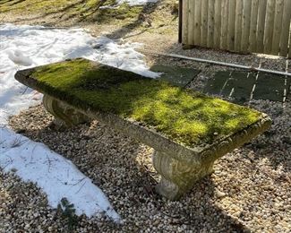 CEMENT GARDEN BENCHES | egg pattern borders, mossy; h. 12 x 57 x 20 in. (each)