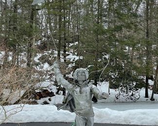 CHILD FLYING KITE STATUE | composition with silver paint; approx. 100 in. h (with kite) child about 3ft tall