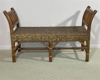 BAMBOO WINDOW BENCH | woven rattan seat; with long green pillow; h. 28 x 46 x 19 in.
