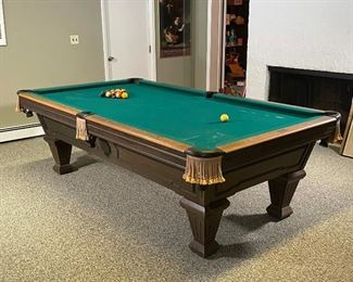 DELTA CUSTOM BILLIARD TABLE | pool table, 8ft playing surface, leather pockets with tassels; h. 32 x 104 x 56 in.