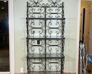 WROUGHT IRON BAKER'S RACK | with added glass over metal shelves; h. 84 x 36 x 14 in.