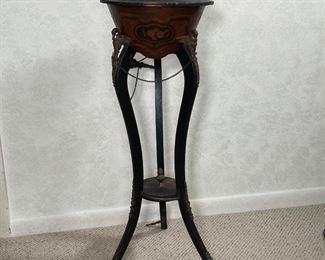 ANTIQUE ORMOLU MOUNTED JARDINIERE | inlaid decoration in contrasting woods, tin liner, metal openwork gallery, resting on serpentine legs with ormolu swan-form mounts; h. 36 x dia. 14 in.