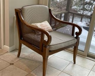 FRENCH STYLE ARMCHAIR | scroll arms, caned sides; h. 28 x 29 x 25 in.; seat cushion with some staining, otherwise good condition