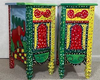 UNUSUAL PAINTED FOLK ART BEDSIDE CABINETS | painted with cows, elephants, geese, and colorful patterns, signed "SAM" each h. 27 x 13 x 17 in.