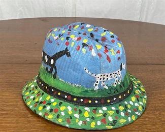 FOLK ART PAINTED HAT | with farm animals and a person in a pastoral scene; h. 6 x 11 x 10 in.