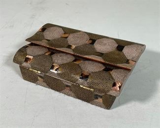 R&Y AGOUSTI SHAGREEN BOX | having a sinous double-door hinged lid with overlapping shagreen squares and a pattern of mother-of-pearl; 2 x 6-1/2 x 4-1/2 in.