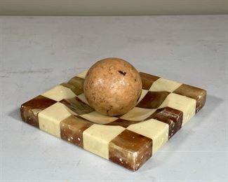 MARBLE CHECKERBOARD ASHTRAY | with a composition orb (lightweight); 7 x 7 in.