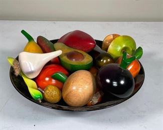 BOWL of CARVED FRUIT & VEGETABLES | an signed ceramic art bowl willed with finely carved, stained and painted fruits and vegetables - very fun! Avocado: 6 in., bowl dia. 13 in.