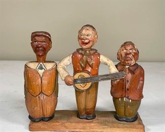 FOLK ART CARVED BAND BAR TOOLS | each figures head removes to reveal a tool; bottle opener, cork screw, and cork (cork broken/ missing); h. 7 in.