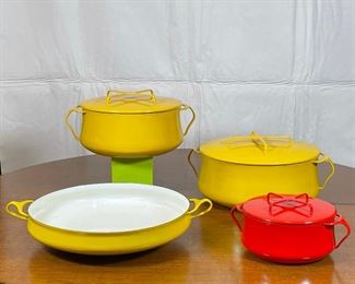 (4pc) EARLY DANSK ENAMEL COOKWARE | France, including [yellow] a large skillet pan (dia. 13-1/2 in.), a large saucepan with lid (h. 5 x 11-1/2 in.) a saucepan with lid (h. 4-1/2 x 10 in.), plus [red] a smaller saucepan with lid (h. 3-1/2 x 7 in.) 