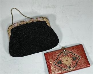 (2pc) PURSE & WALLET | including a french beaded dance purse with enamel decoration and fold out mirrog (6 x 8 in.) plus a book-form wallet with horse-bit clasp, Italian; 7 x 4 in.