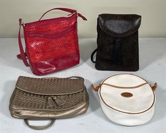 (4pc) SMALL PURSES | including a Longchamp oval purse (8-1/2 x 6-1/2 in), a Michell LaLonde purse, a Ganson silvered purse, and a "treasures" snakeskin purse