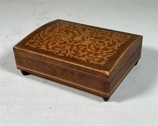 PENWORK & INLAY MUSIC BOX | with a small music mechanism, label 'Funiculi, Funicula'; h.2 x 6-1/2 x 5 in.