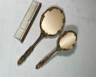 PARTIAL BRASS MOUNTED DRESSER SET | largest piece; 13 in.
